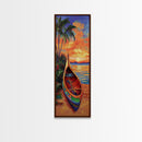Sunset, Boat, Beach, Tropical, Framed Canvas Print, coastal boat painting, beach wall art, living room decor, colorful sunset, nautical art