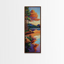 Lake, Pines, Sunset, Art, Framed Canvas Print of forest lakeside at golden hour, tranquil nature art, cozy cabin wall decor, Fall vibes