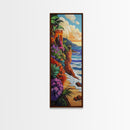 Ocean, Flowers, Cliff, Sunset, Framed Canvas Print, Vibrant Coastal Landscape, Dining Room Wall Art, Colorful Beachside Decor