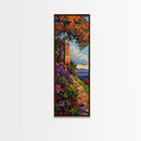 Coastal Bell Tower, Floral Pathway, Mediterranean Seaside Art, Vibrant Garden Style, Fall Home Accent, Framed Canvas Print
