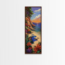 Secluded Beach, Tropical Cliffs, Colorful Coastal Nature Art, Summer Getaway Style, Ocean View Decor, Framed Canvas Print