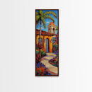 Spanish Villa, Garden, Tropical House Framed Canvas Print, Southwestern Wall Decor, Vibrant Living Room Art, Colorful Home Scene