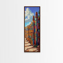 Fence Desert, Colorful, Southwest Boho Vibes Framed Canvas Print, Rustic Living Room Art, Eclectic Wall Decor, Vibrant Folk Style