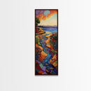 Sunset River, Landscape, Painting, Framed Canvas Print, Vibrant sunset river wall art, nature home decor, mountain style, hallway wall art