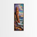Coastal Cliffs, Ocean, Sunset, Framed Canvas Print, Bold coastal cliffs wall art, dramatic seascape beach decor, contemporary ocean painting