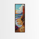 Lighthouse Beach, Nautical, Sunset Glow Framed Canvas Print, Ocean Wall Art, Coastal Living Room Decor, Seaside Boho Painting
