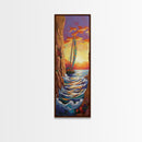 Sailboat Sunset, Cliff, Canvas Print, Vibrant Nautical Wall Art, Boho Coastal Decor, Adventure Beach House Living Room Statement