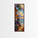 Coastal Villa, Surf, Tropics Canvas Print Mediterranean villa by the sea art, surfboard and tropical plants, boho beach decor, hallway print
