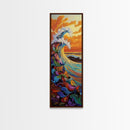 Ocean Wave, Sunset, Splash - Framed Canvas Print coastal wall art, colorful seascape decor, vibrant wave art, living room beach painting