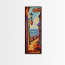 Train Seaside, Pathway Charming — Framed Canvas Print, whimsical travel artwork, Mediterranean street painting, kitchen decor, coastal scene