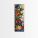 Villa Palms, Beach Colorful — Framed Canvas Print, tropical vacation home decor, beach house art, vibrant coastal scene, entryway print
