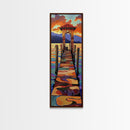Sunset Pier, Pathway, Landscape, Framed Canvas Print, Coastal Wall Art, Sunset Beach Decor, Living Room Art, Colorful Landscape Painting