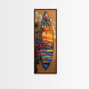 Surfboard Tropical, Sunset, Palm, Framed Canvas Print, Hawaiian surf art, beach house decor, vibrant coastal living room artwork