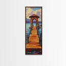 Colorful Pier, Archway, Water — Framed Canvas Print of a vibrant pier scene, coastal wall art, boho lake house decor, office accent