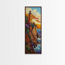 Lighthouse Sunset, Ocean Rocky, Framed Canvas Print, Nautical coastal art, lighthouse wall decor, living room or beach house art