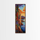 Sunset Cliffside, Ocean Tropical, Framed Canvas Print, Bold rocky coastline painting, tropical wall art, den or office decor piece