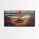 Fire Beach, Ocean, Framed Canvas Print, Sunset Beach Bonfire Painting, Vibrant Coastal Campfire Wall Art, Boho Living Room Decor