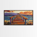 Pier Ocean, Sunset, Vibrant sunset over colorful pier walkway into the sea, Framed Canvas Print, coastal living decor