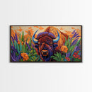 Buffalo Flowers, Bold, Canvas Print, Western bison face art, eclectic boho style, Living Room Wall Art, vibrant wildlife painting