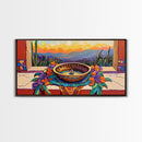 Fountain Sunset Flowers, Serenity, Framed Canvas Print, Southwestern Wall Art, Boho Vibe, Tranquil Home Decor, Kitchen or Entryway Art