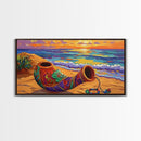 Horn Sand, Sunset, Shore, Framed Canvas Print boho beach decor, living room Mexican art, coastal horn painting, rustic folk art