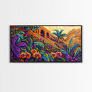 Jungle, Flowers, Adobe, Hillside, Framed Canvas Print tropical wall art, vibrant living room decor, boho jungle scene painting