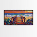 Beach Boardwalk, Sunset, View, Framed Canvas Print, boardwalk to beach, Coastal Entryway Art, sunset seascape painting, ocean cottage