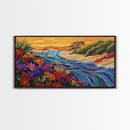 Wildflowers, Coastal Waves, Tropical Shore, Canvas Print, Floral Beach Art, Vibrant Living Room or Kitchen Wall Decor
