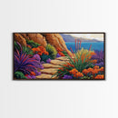 Floral Path, Coastal Trail, Ocean View, Framed Canvas Print, Bright Nature Wall Art, Vibrant Hallway or Kitchen Boho Decor