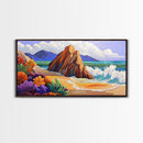 Rocks Beach, Flowers, Ocean, Framed Canvas Print, colorful tropical seascape, modern coastal wall art, bright nature themed decor