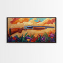 Shotgun Floral, Sunset, Western, Framed Canvas Print, rustic hunting cabin art, bold Americana decor, man cave or lodge wall print