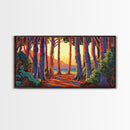 Trees Forest, Ocean, Sunset, Coastal Forest Path Framed Canvas Print, Nature Lover Wall Art, Cabin Decor, Fall Living Room Art