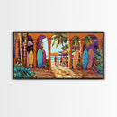 Surfboards Beach, Tropical, Colorful Life, Framed Canvas Print, Coastal Art, Entryway Wall Decor, Surf Shack Vibes, Tropical Summer