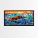 Swimmer Waves, Sunset, Athletic Art, Framed Canvas Print, Ocean Decor, Fitness Wall Art, Bedroom Inspiration, Bold Summer Style