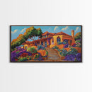Villa Garden, Adobe, Colorful, Framed Canvas Print, vibrant Mexican villa wall art, blooming flowers, southwestern kitchen décor