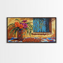 Flowers Pottery, Window, Still Life, Canvas Print, vibrant floral still life wall art, Mexican pottery, rustic kitchen décor
