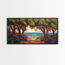Beach Trees, Tunnel, Ocean, Sunset beach tunnel view, Framed Canvas Print, Coastal Boho Decor, Romantic Seaside Wall Art
