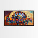 Rustic Floral, Window, Art, Framed Canvas, Print Mexican flower wagon wheel wall art, vibrant southwestern decor, boho patio print