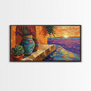 Sunset Terracotta, Patio, Art, Framed Canvas Print, Colorful Mexican pottery scene, vibrant tropical wall art, boho entryway decor