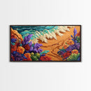 Tropical, Flower, Wave Art, Framed Canvas Print, coastal floral seascape painting, vibrant Summer Decor, Bathroom Wall Art, boho art