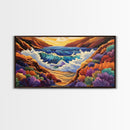 Ocean Sunset, Wave Splash, Framed Canvas Print, colorful crashing waves, rocky coast wall decor, Beach House Wall painting