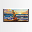 Windsurf Sunset, Beach Scene, Canvas Print, colorful surfboard at sea painting, coastal adventure, Bedroom Wall Art, surfer boho art