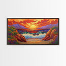Sunset Waves, Rocks, Framed Canvas Print, Vibrant ocean sunset, crashing waves cliffs painting, Coastal Decor, Beach House Wall Art