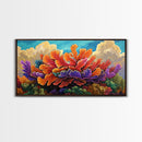 Coral Bloom, Ocean, Framed Canvas Print, Abstract blooming coral reef under dreamy sky painting, Modern Coastal Decor, Bedroom Wall Art