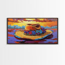 Hat Floral, Sunset, Framed Canvas Print, Boho straw hat with flowers on beach at sunset, Whimsical Summer Art, Entryway Wall Art