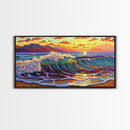 Waves Surf, Sunset, Framed Canvas Print, Colorful crashing wave with glowing sunset sky, Coastal Surfer Decor, Beach House Wall Art