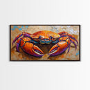 Crab Colorful, Beach, Framed Canvas Print, Brightly painted crab on sand, Ocean Kitchen Decor, Playful Beach Art, Coastal Wall Art