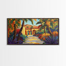 Villa Garden, Palms, Path, Framed Canvas Print, tropical courtyard scene, Mediterranean decor, living room wall art, villa painting