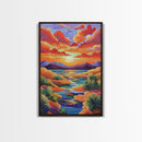 Sunset Desert, River, Color, Framed Canvas Print dreamy painted desert river sunset, colorful sky landscape artwork, nature boho art