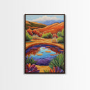 Pond Reflection, Nature, Desert, Framed Canvas Print tranquil desert pond painting, colorful reflection landscape art,  entryway wall decor